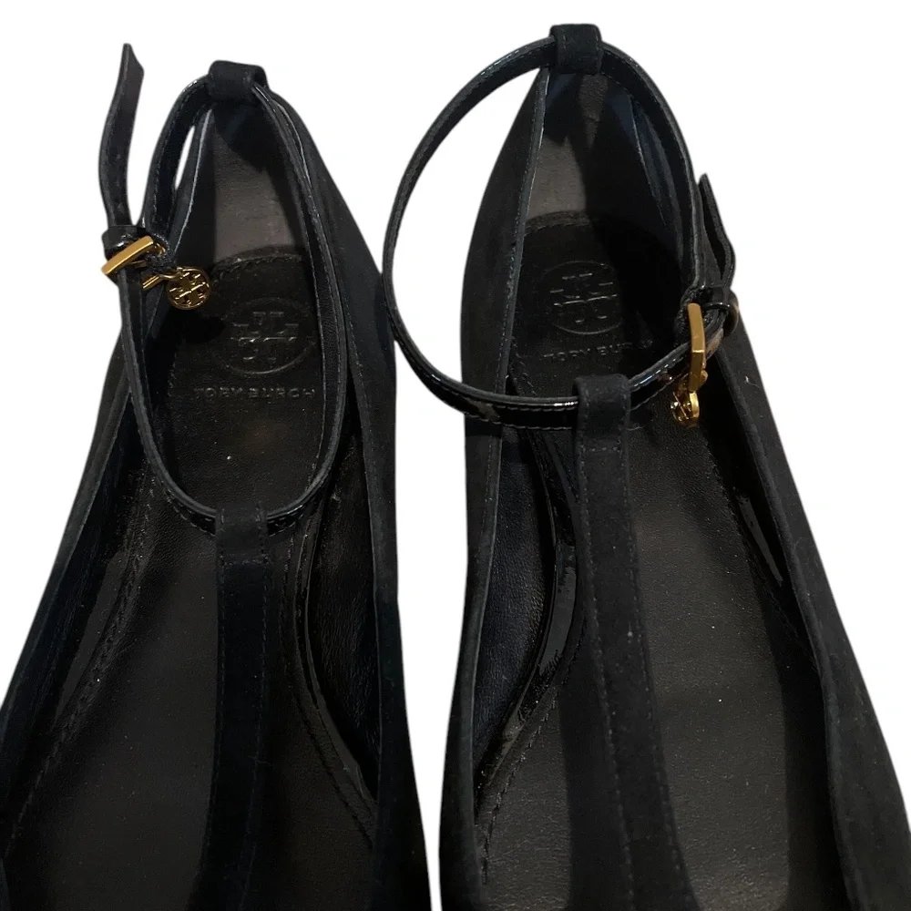 Tory‎ Burch T Straps Suede & Patent Black Leather women's Shoes, Size 6M